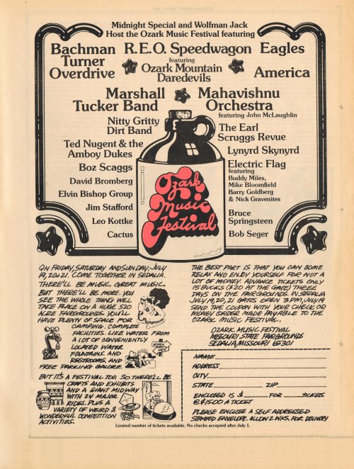 An advertisement for the Ozark Music Festival in Rolling Stone magazine.
