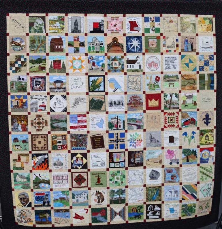 The Missouri Bicentennial Quilt is big enough to cover a California king sized bed. It features 121 unique blocks.