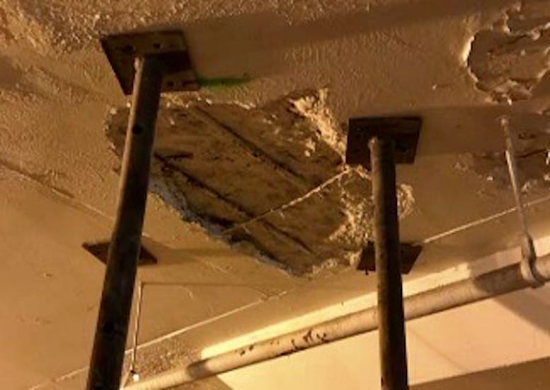 Braces were installed to shore up the deteriorating lower levels of the Barney Allis Plaza underground garage.