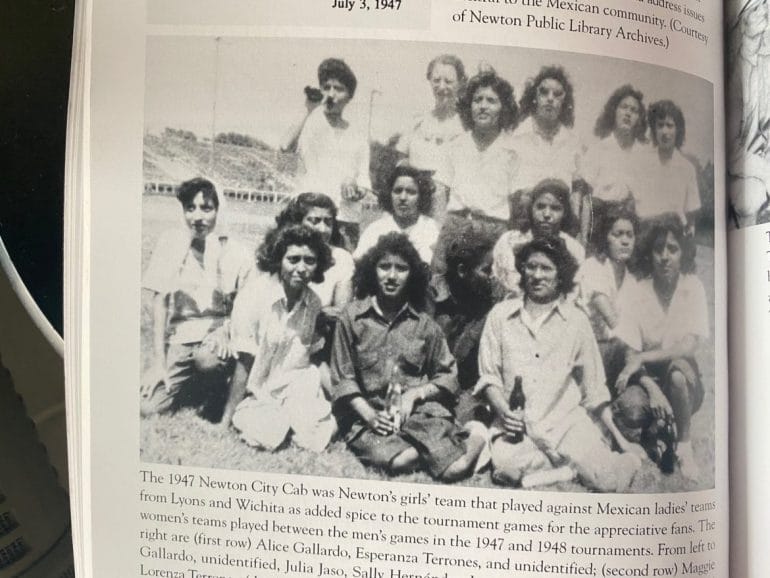 A photo of the 1947 women's team from Newton in the book "Mexican American Baseball in Kansas City."