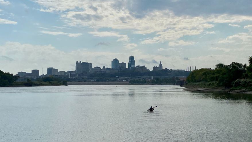 Kayaker Graham Jordison headed east on the Missouri River toward St. Louis.