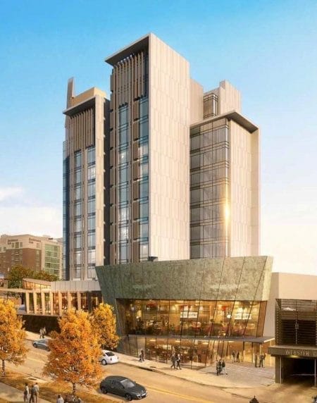 The 13-story Hotel Bravo! project is proposed for a site across Wyandotte Street from the Kauffman Center for the Performing Arts.