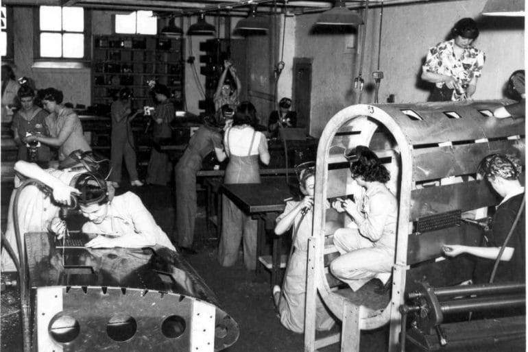 By the fall of 1942, women held 27% of the jobs at the North American Aviation B-25 plant.