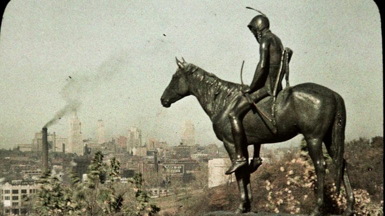 Cyrus E. Dallin's sculpture of The Scout overlooks downtown from Penn Valley Park.