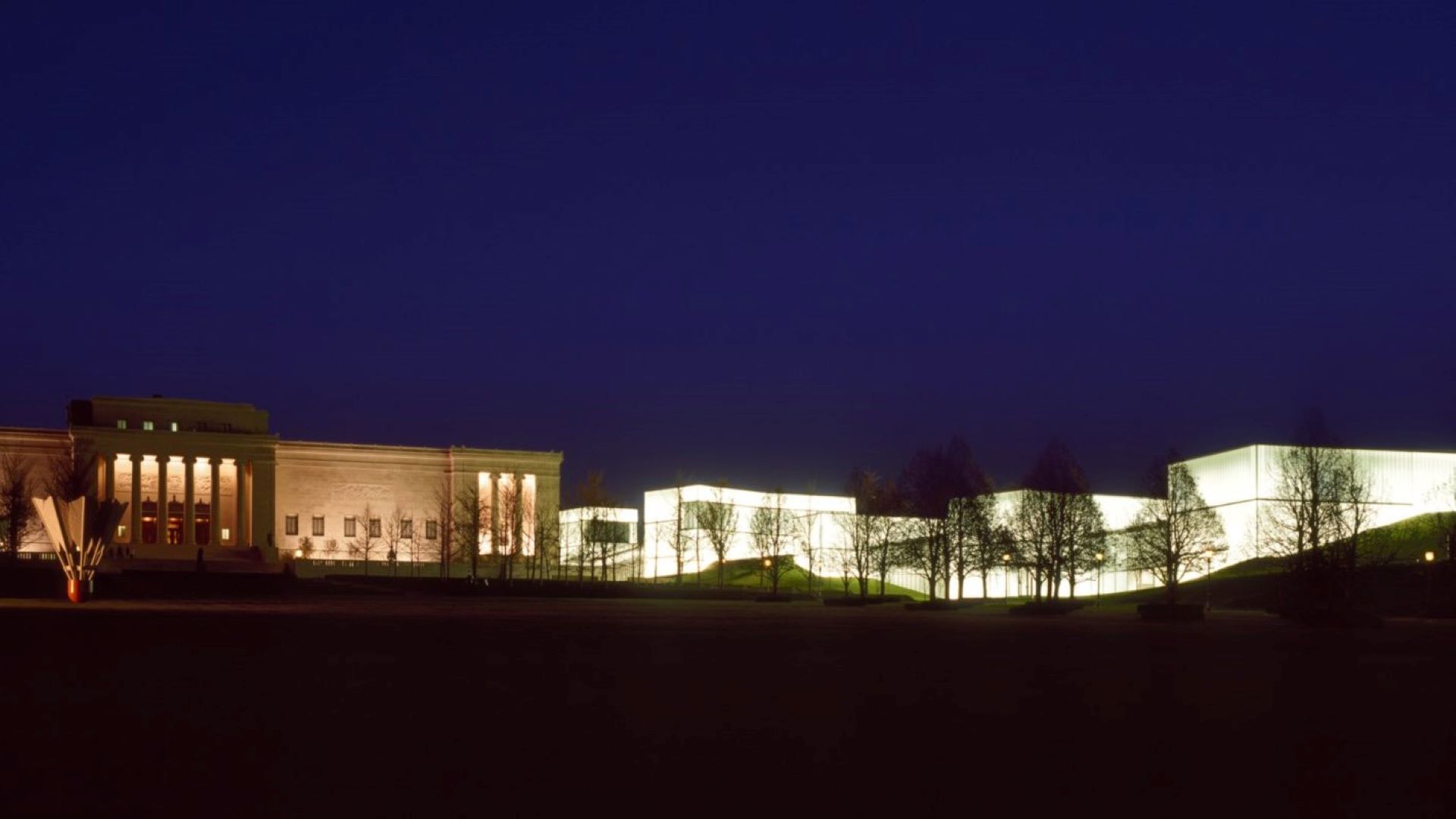 Night view, looking north, of the Nelson-Atkins Museum of Art.