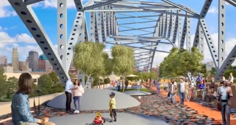 A rendering of how a possible linear park using the existing Buck O'Neil Bridge might appear.
