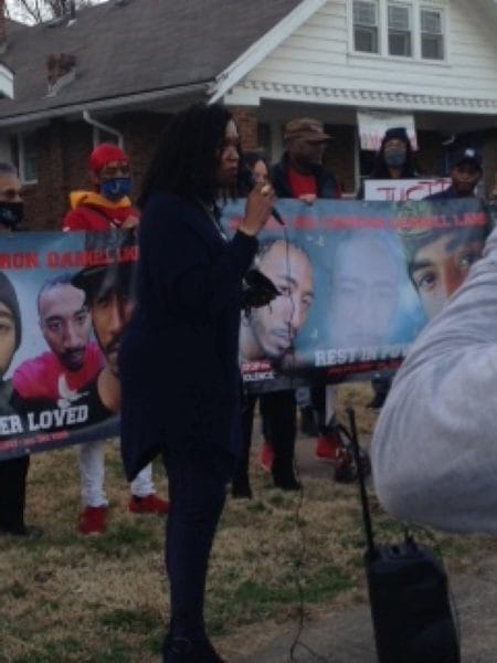 Gwen Grant, president and CEO of the Urban League of Greater Kansas City, spoke at a two-year anniversary gathering marking the police shooting of Cameron Lamb.