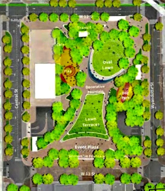 An overview of the features planned for Barney Allis Plaza.
