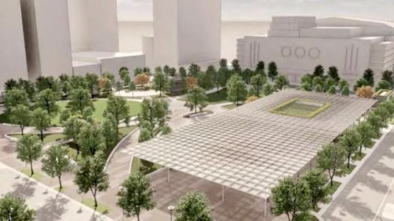 A large pavilion is proposed the northwest corner of the Plaza. It could be replaced with a residential project if one were to move forward. (Rendering from HOK)