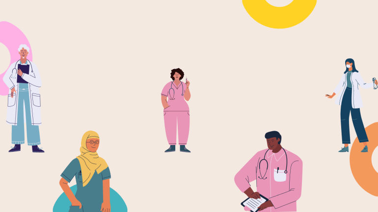 Colorful illustrations of nursing staff, physicians and other medical staff are scattered on a backdrop of multi-colored half circles.