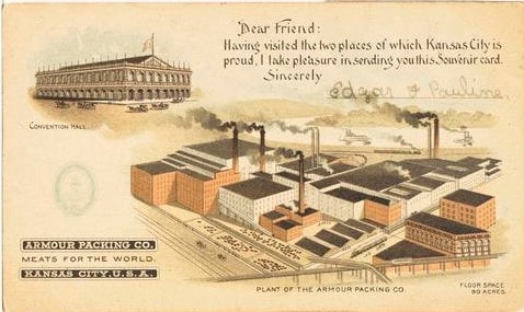 Postcard of the Kansas City Convention Hall and the Armour Packing Company.