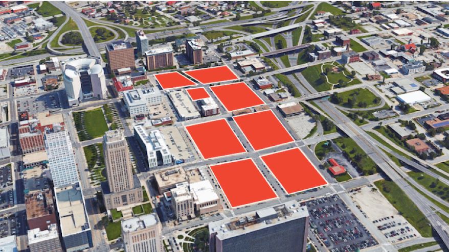 The East Village redevelopment area occupies eight blocks near City Hall.