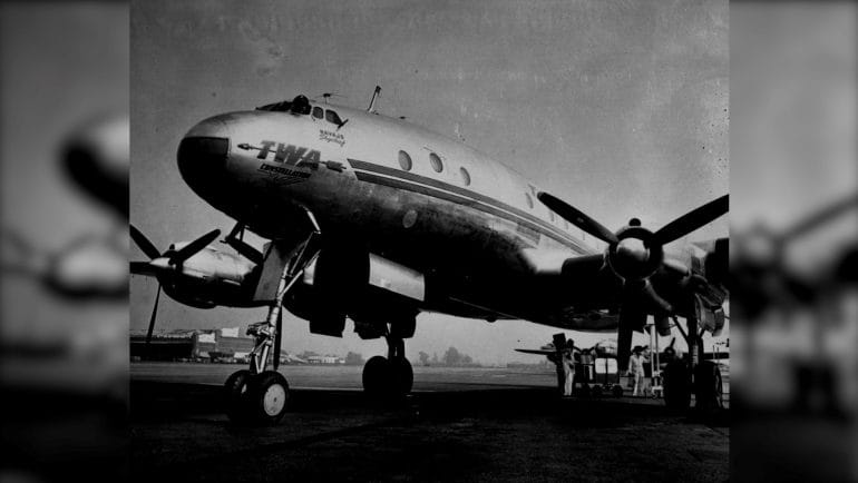 A view of Trans World Airlines' L-049A Constellation Navajo Skychief parked at Kansas City Downtown Municipal Airport.