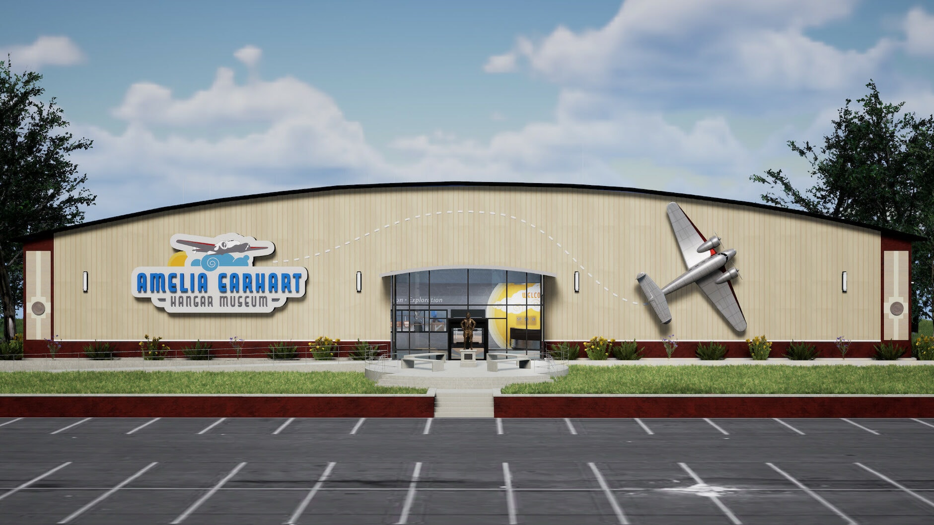 Rendering shows a warehouse-like building adorned with a plane and sign "Amelia Earhart Hangar Museum"