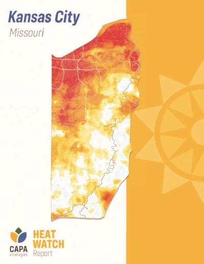 Cover photo of a heat islands map from Capa Strategies' Heat Watch Report for Kansas City, Missouri.