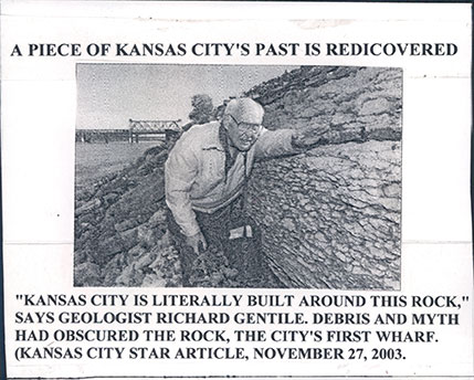 This is a news clipping of Richard Gentile pointing out "Kansas City's gemstone," aka the Bethany Limestone wharf. (Kansas City Digital Video TV)
