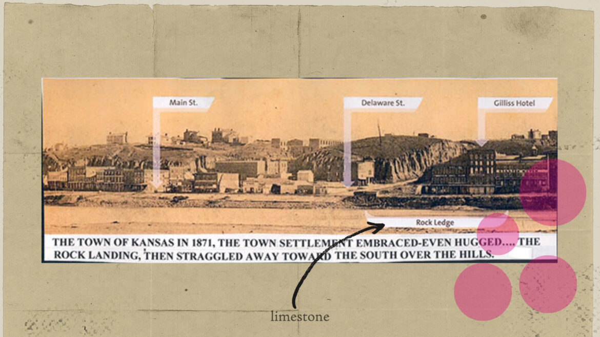 A geological research print shows where the Bethany Falls limestone sits in relation to city landmarks, with an arrow pointing to the rock lodge that is actually a protruding piece of limestone.