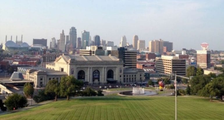 Union Station with the downtown skyline in the background.