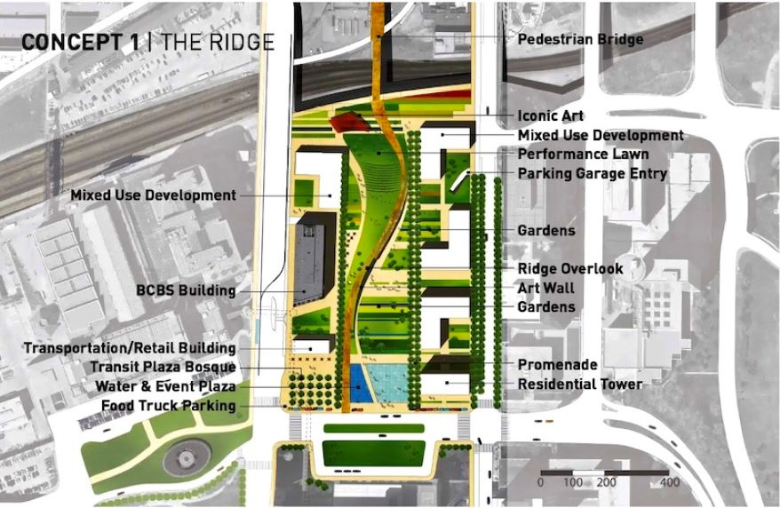 A redevelopment concept for Washington Square Park that would have included swapping equal amounts of park and parking lot land to create development sites on Grand and Main.