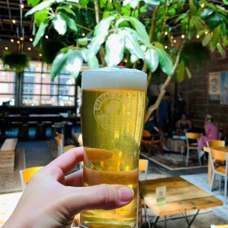 A glass of Animal Control craft beer.
