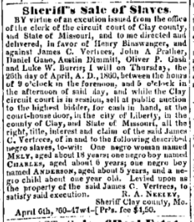 Advertisement for a slave sale in Clay County.