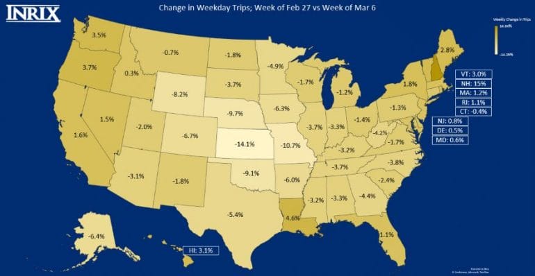Map showing changes in weekday trips by state.