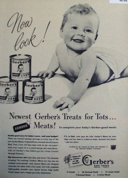A vintage Gerber’s baby food advertisement from the 1940s displays a jovial infant.