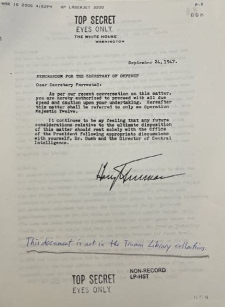 An alleged memo from President Harry Truman to Secretary of Defense James Forrestal.