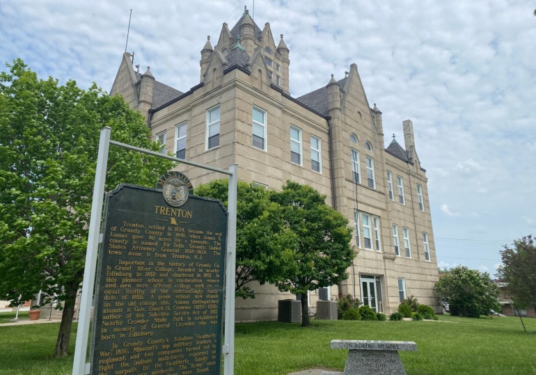The Grundy County Courthouse greets visitors entering Trenton, Missouri, the county seat.