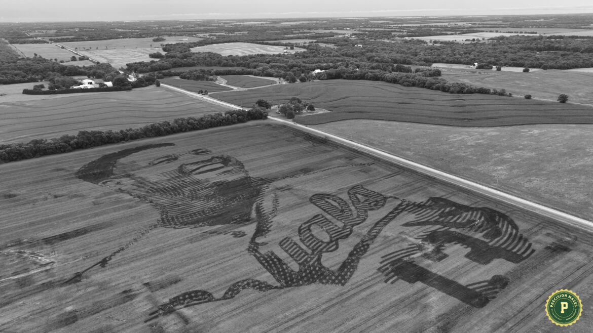 A dirt field has a drawing of Salvador Perez