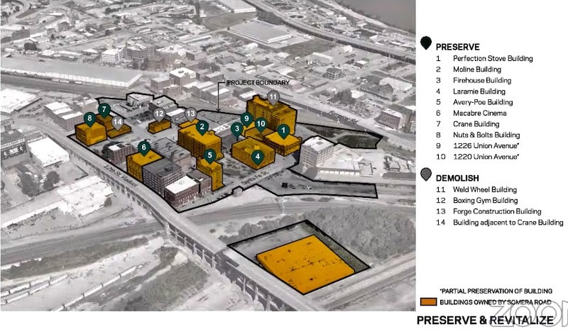 Map of properties SomeraRoad has acquired or has agreements to purchase in a six-block section of the West Bottoms.