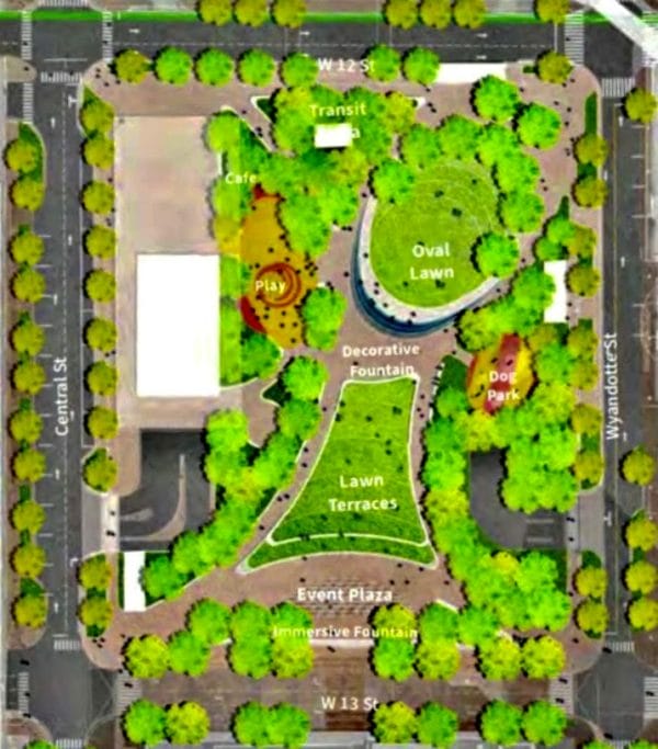 An aerial view of the features planned for Barney Allis Plaza.