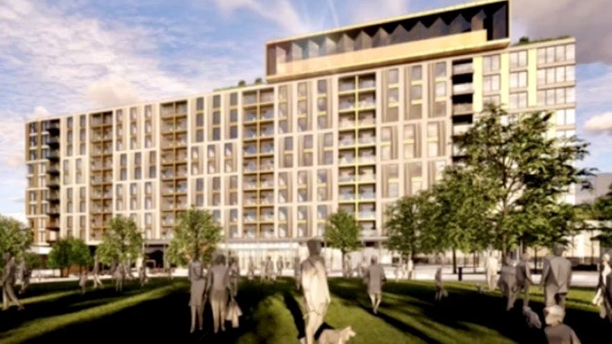 A rendering of the proposed 10-story, 226-unit apartment project proposed by Development Collaborative.