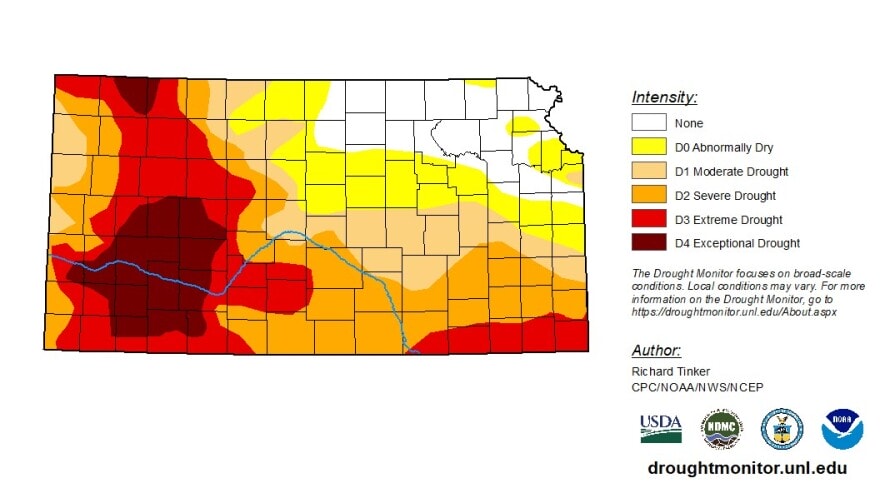 This map shows how drought covers roughly three-fourths of Kansas. Some parts of western Kansas have been experiencing extreme or exceptional drought since the beginning of this year.