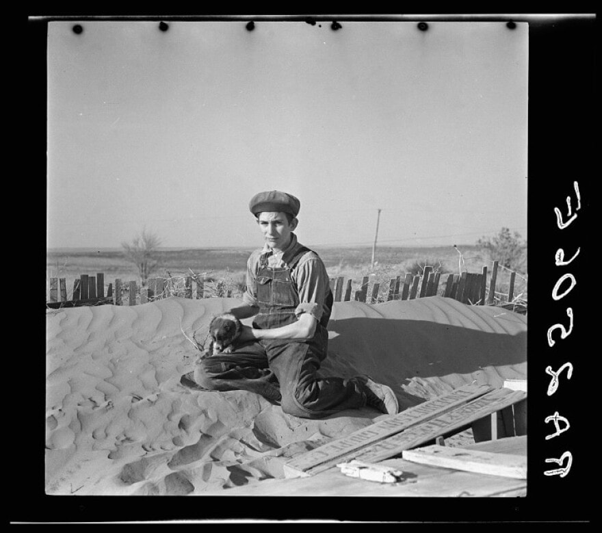 This photo from the Dust Bowl in 1936 shows a farmer's son playing on one of the large soil drifts that threaten to cover up his home near Liberal, Kansas.