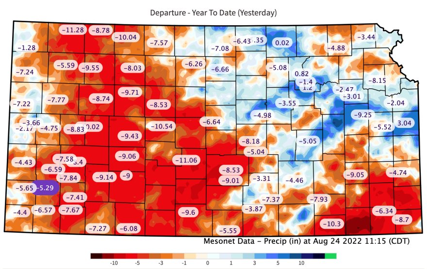 This map from Kansas Mesonet shows how below-average precipitation totals are for various places across Kansas. A higher number (and darker red coloring) means that a location is more dry this year compared with historical averages.