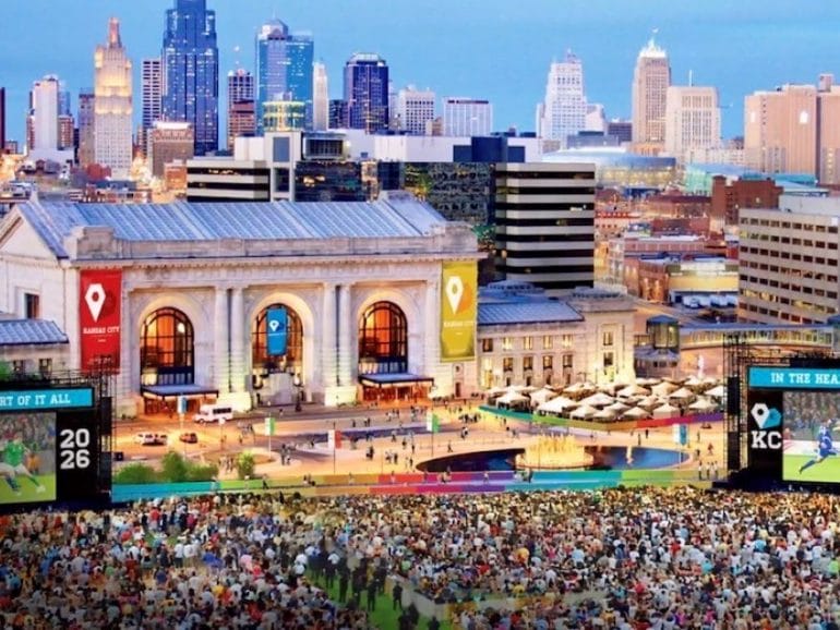 A rendering of how a fan event for the 2026 World Cup might look at Union Station.