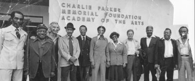 A group stands outside of the music academy building sometime in the 1950s. (Photo credit: Charlie Parker Memorial Foundation)
