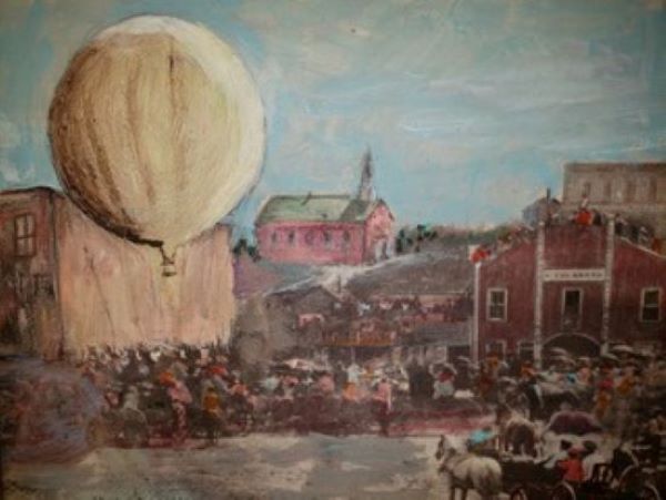 An early painting of Central United Methodist Church, at an event that included the first hot air balloon in Kansas City.