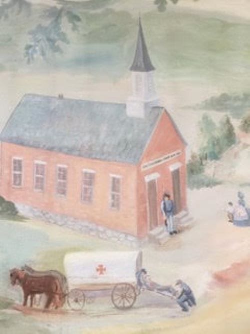 Detail from a mural at Central United Methodist Church, depicting how a now an early church building was used to imprison and treat Confederate soldiers after the Battle of Westport in 1864.