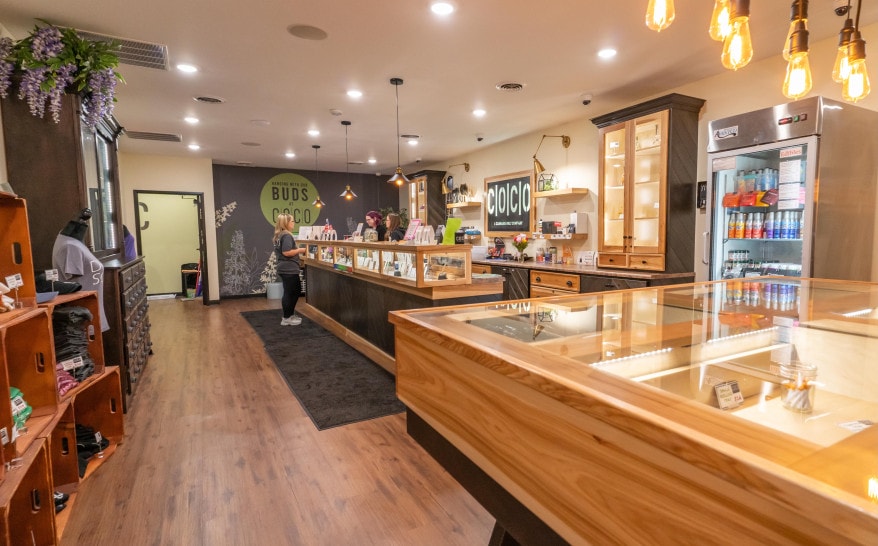 A trendy looking store with good lighting, clean shelves and display cases. A sign reads COCO behind the register.