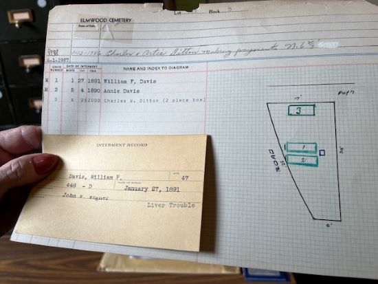 Elmwood Cemetery documents detailing the gravesite location of William F. Davis, Kansas City’s first Black police officer, list his age, date of death and possible cause of death, but not his race.
