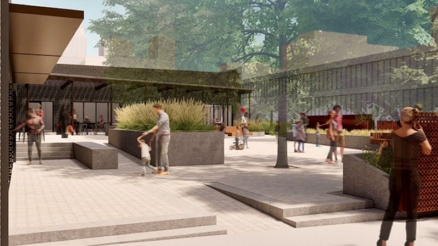 Another view of the landscaped plaza planned for 18th and Baltimore.