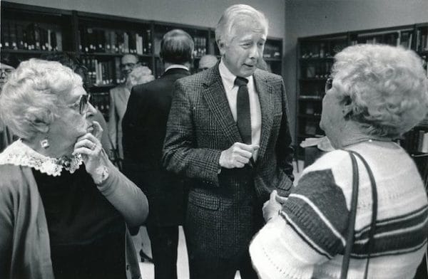 During a 1987 reception, David McCullough mingled with Jackson County Historical Society members.
