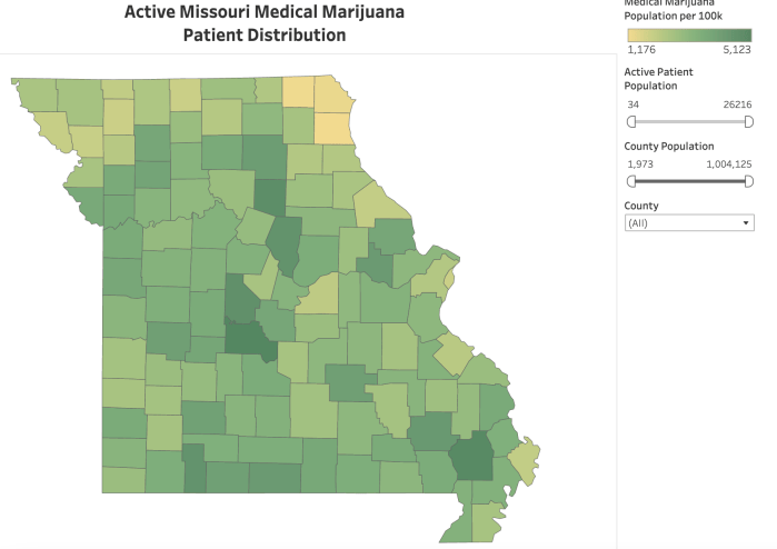 Map of Missouri medical marijuana cardholders by county.