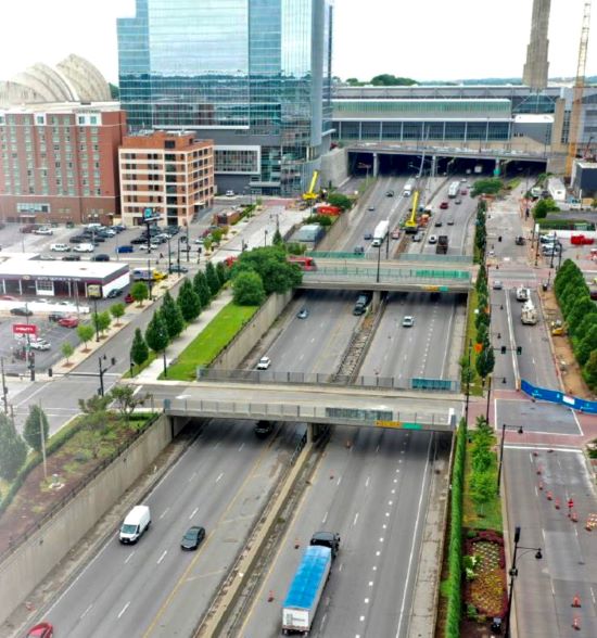 Aerial photo of the South Loop of the downtown freeway in Kansas City.