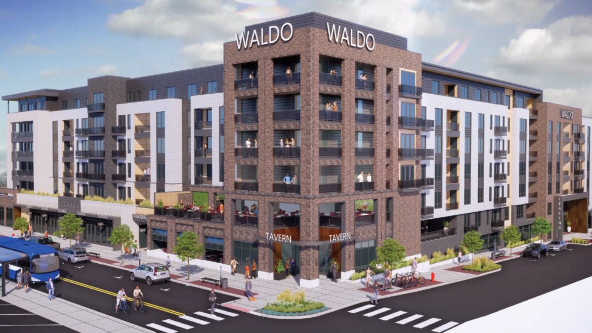 Rendering of a proposed 300-unit apartment project would replace The Well restaurant and transform the scale and nature of the Waldo entertainment area.