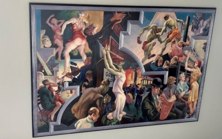 Reproductions of two of Thomas Hart Benton's "America Today" murals from the 1920s are in the lobby.