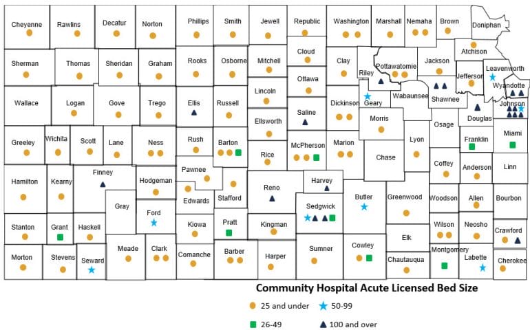 Map shows the number of hospitals in each Kansas County