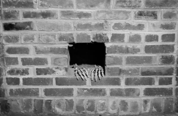 skeleton hands stick out of a hole in a brick wall.